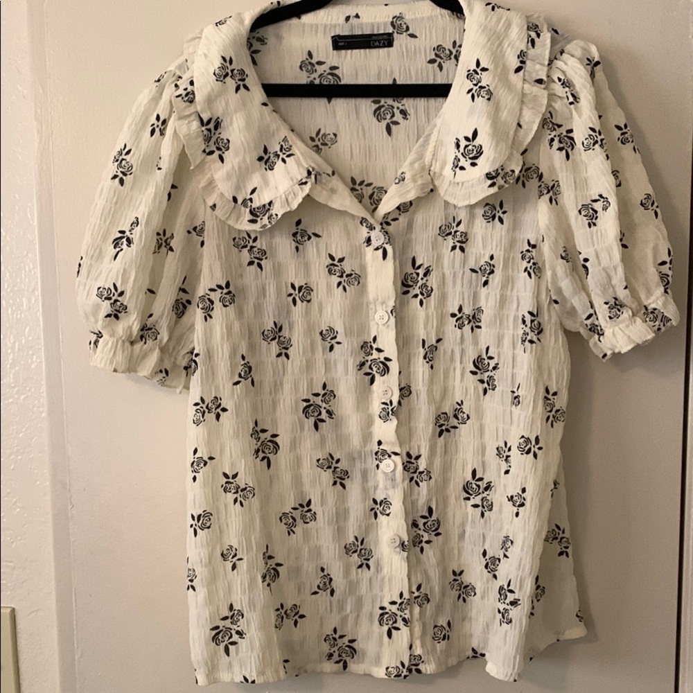 White Puff Sleeve Top with Ruffled Peter Pan Collar